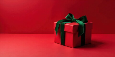 Obraz premium A crimson gift box with a verdant ribbon, a festive symbol of celebration and joy