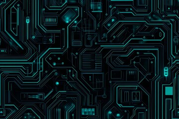 Abstract close-up of a glowing blue digital circuit board, showcasing intricate connections and technological design on a black background.
