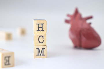 HCM letters written on wooden blocks isolated with heart on white background. Hypertrophic...