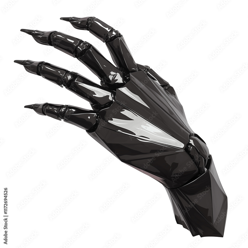 Poster glossy black resin hand with sharp geometric angles, featuring futuristic and abstract design, isolated on transparency background