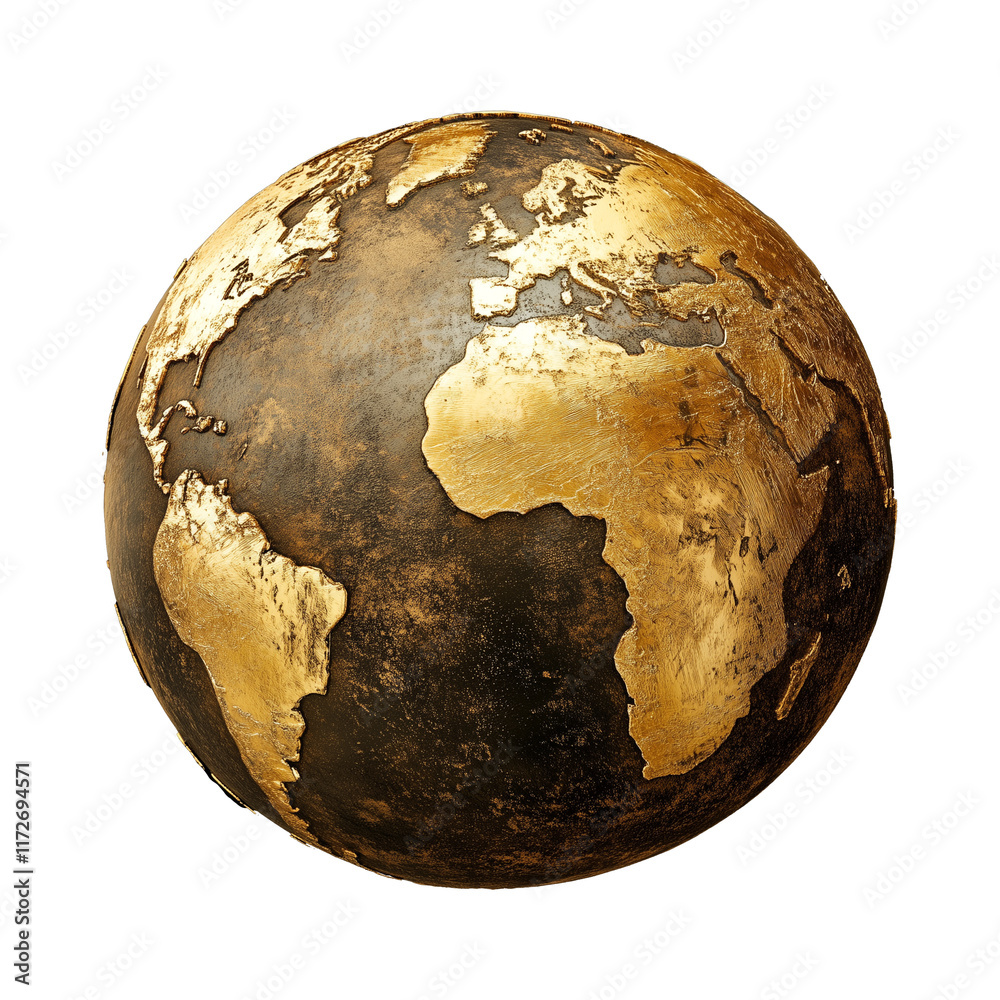 Poster gold and bronze globe with vintage style brush texture, showcasing continents in metallic finish and
