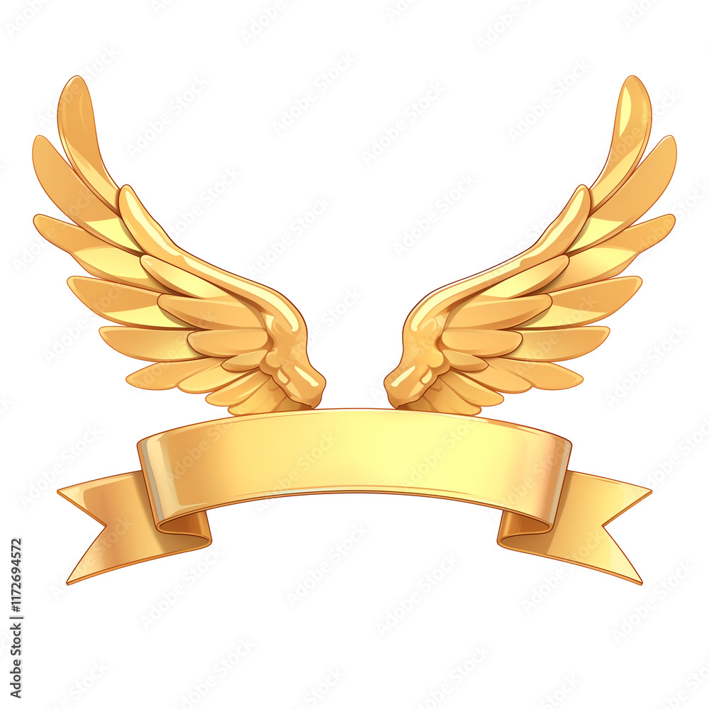 Poster golden wings with blank ribbon banner, featuring intricate details and shiny metallic finish, isolat