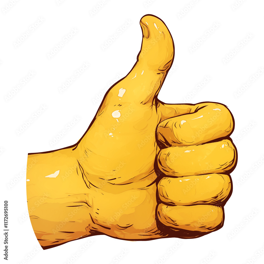 Poster glossy yellow thumbs up symbol with clean lines and shiny finish, isolated on transparency backgroun
