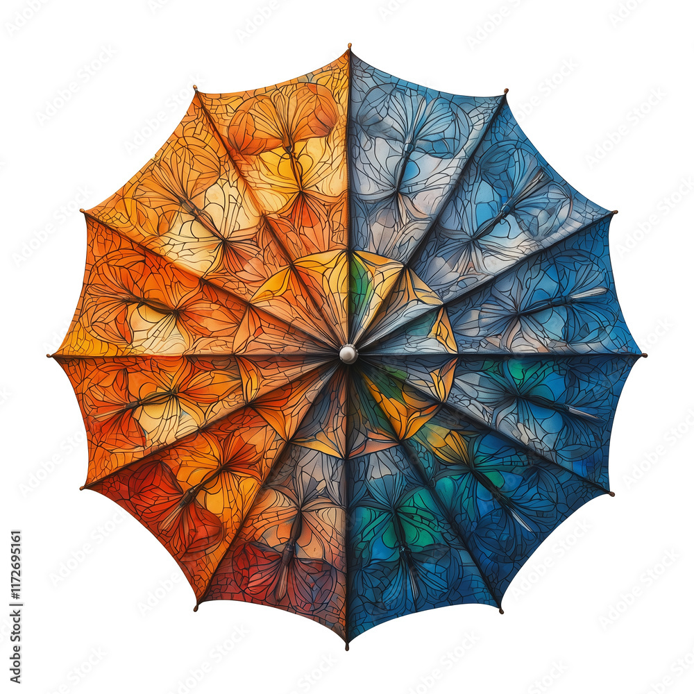 Poster top view of multicolored umbrella with intricate tree like patterns, blending warm and cool tones, isolated on transparency background