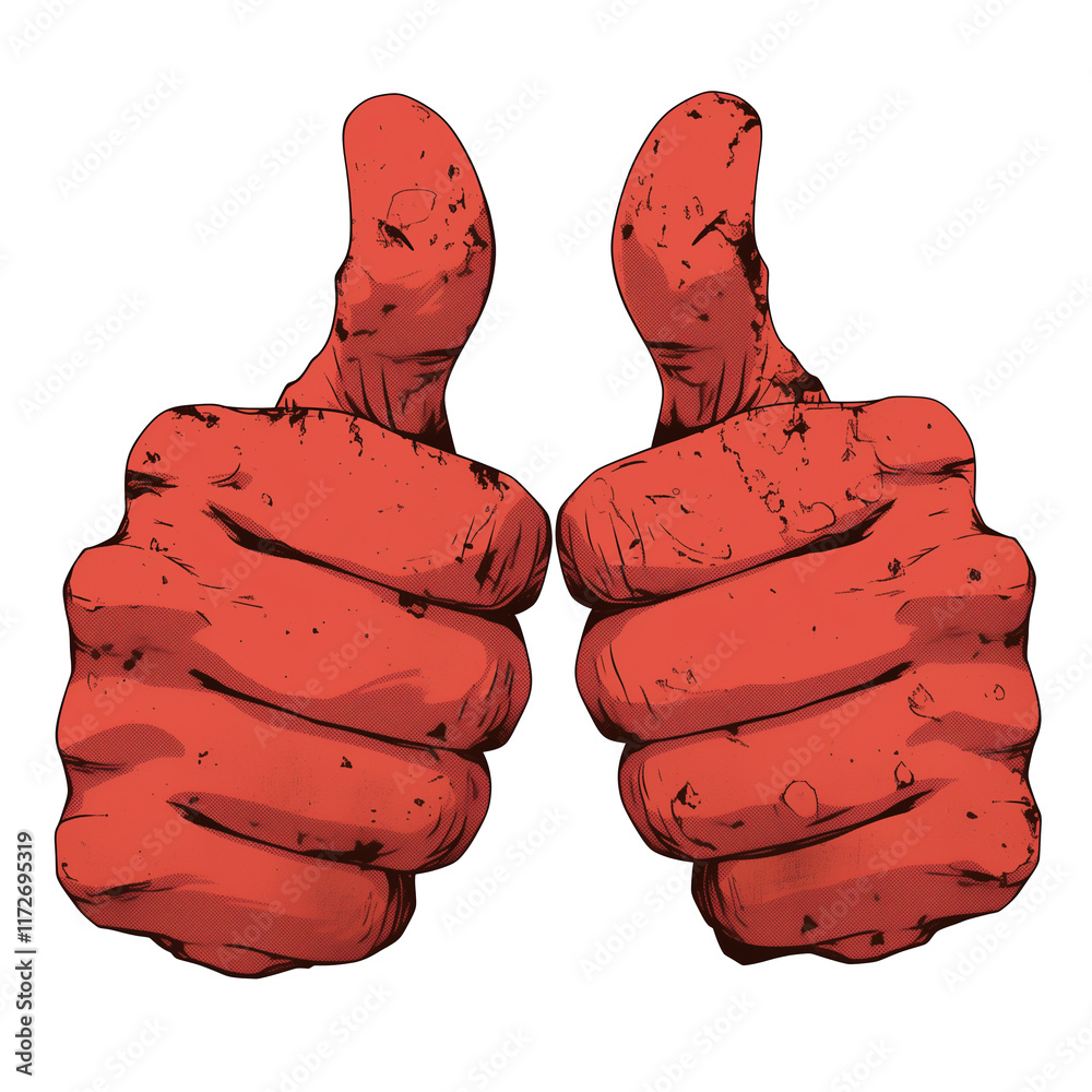 Poster two vibrant red thumbs up symbols with textured finish, isolated on transparency background, conveyi