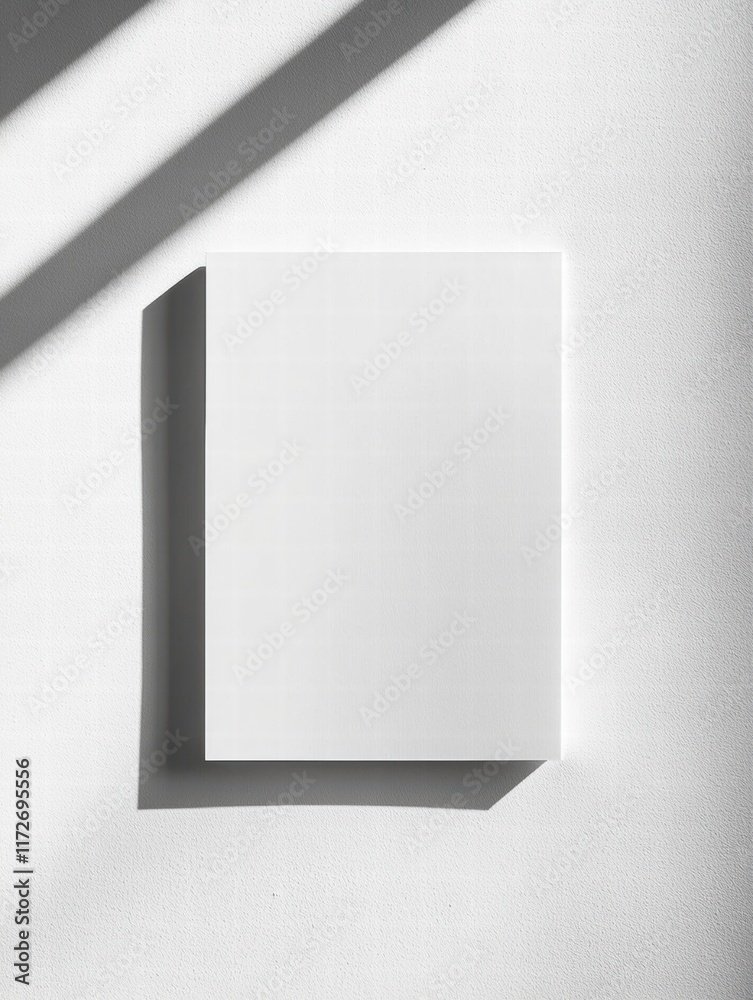 Poster blank white sheet of paper on a textured surface illuminated by soft light creating gentle shadows. 