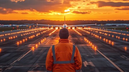 High Angle View of a Bustling Airport Runway on a Sunny Day with Sunset Lighting, Featuring an Airport Worker in Bright Safety Gear