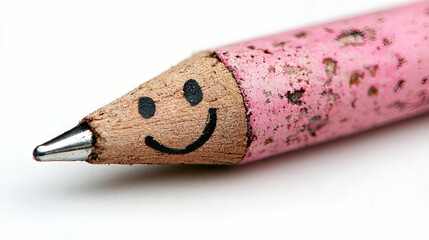 A cheerful pink pencil with a smiling face, showcasing a playful and artistic vibe, perfect for creativity and positivity.
