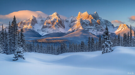 Fototapeta premium Snow-covered mountains under a clear sky at sunrise in a serene winter landscape