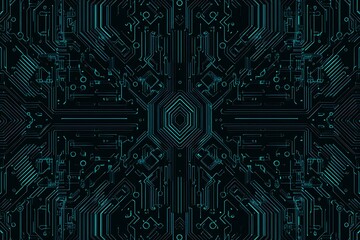 Abstract close-up of a glowing blue digital circuit board, showcasing intricate connections and technological design on a black background.
