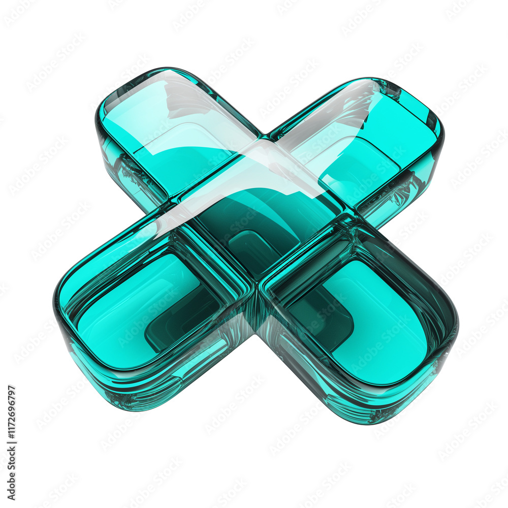 Poster teal cross mark with shiny metallic texture, featuring reflective and glass like appearance, isolated on transparency background. Modern and futuristic design