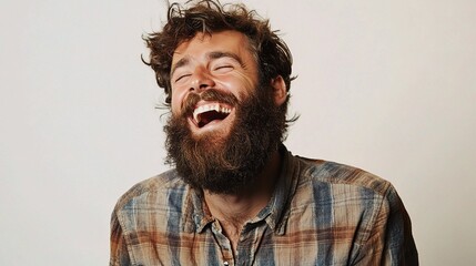 Fototapeta premium Handsome Caucasian Man with Beard Laughing on Isolated Background