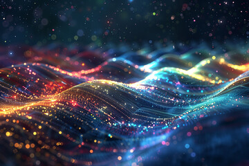 Illustration depiction theoretical scientific principles like quantum mechanics. Wavy colorful textured surface with neon lines.