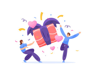 illustration of happy couple because get big gift. celebrating valentine day with couple. gift for beloved girlfriend. event, festival, party. flat style design. element
