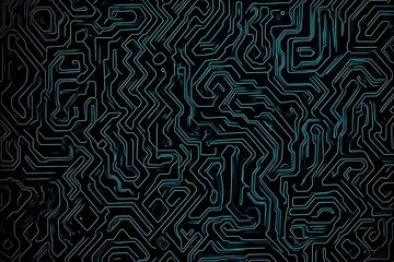 Fototapeta premium Abstract close-up of a glowing blue digital circuit board, showcasing intricate connections and technological design on a black background. 