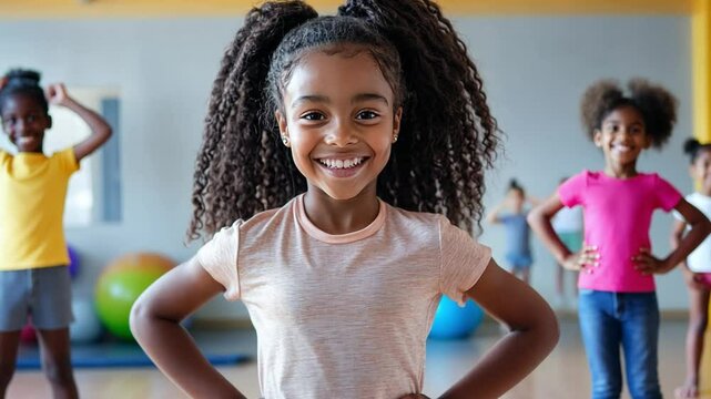 A happy girl participates in gamified AR activities to set and achieve fitness goals while learning about wellness.