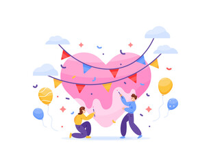 valentine's day event concept. preparing for a party or festival. illustration of a couple decorating and painting a heart to celebrate valentine's day. girlfriend and boyfriend. flat style design
