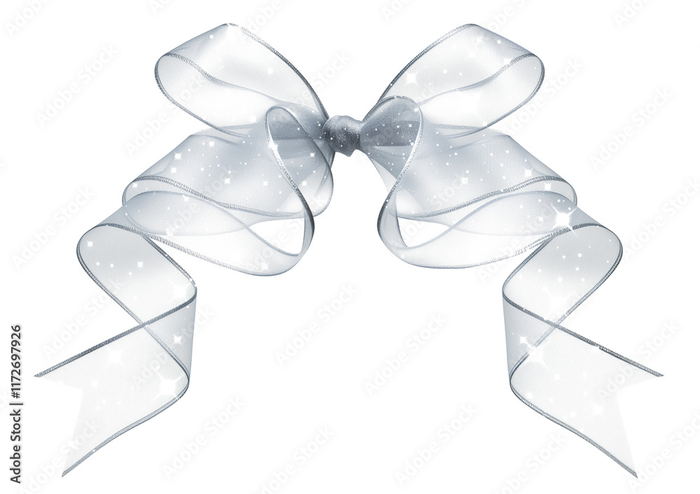 Poster shimmering white organza ribbon bow with sparkling particles, isolated on transparent background, perfect for festive, decorative, or celebratory designs