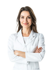 confident female dermatologist in white lab coat, smiling with arms crossed, isolated on transparency background. She exudes professionalism and expertise in skincare