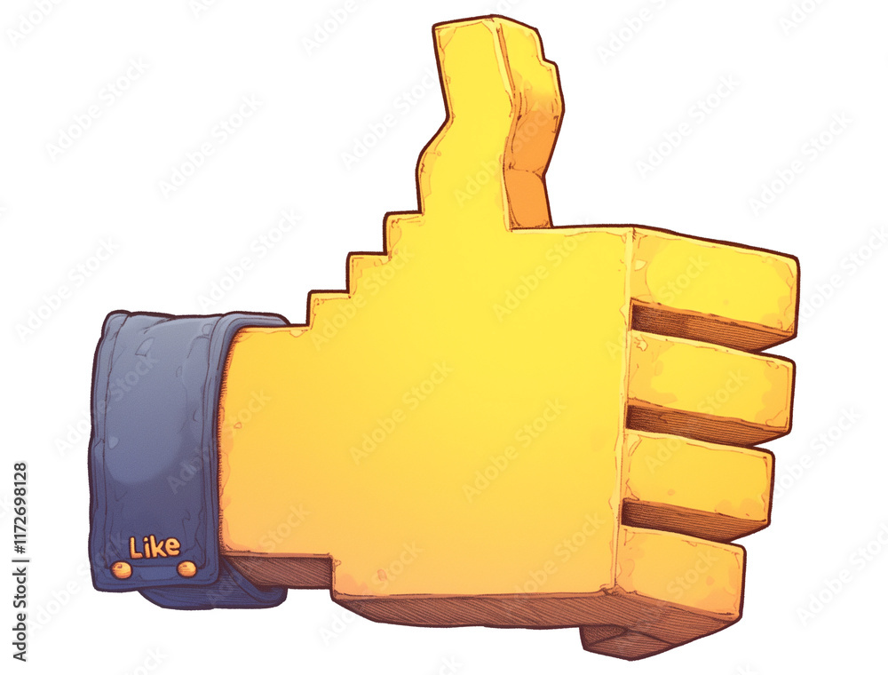 Aufkleber yellow pixelated thumbs up icon with blue cuff and word like on it, isolated on transparency backgro