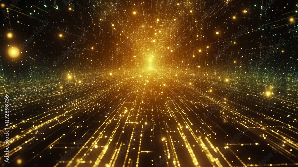 Poster visual representation of golden light particles moving through a cosmic space