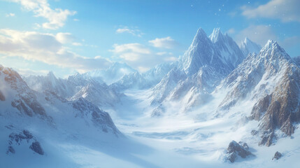 a snowy mountain landscape with trees and snow covered surface, Winter season morning snow covered mountains under a clear sky, Beautiful snow covered view of mountains from valley in winter season.