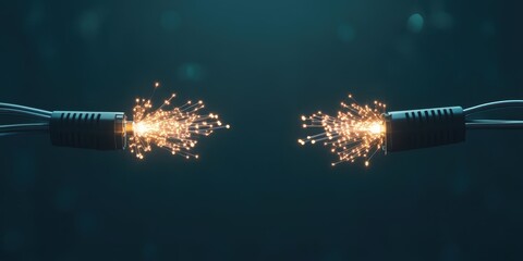 Abstract Digital Connection, Two Cables Emit Bright Sparks, Symbolizing High Speed Data Transfer