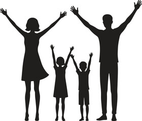 Silhouette of a happy family with raised hands vector illustration with white background