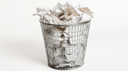 Obraz premium A simple wire mesh trash can filled with crumpled paper on a white background