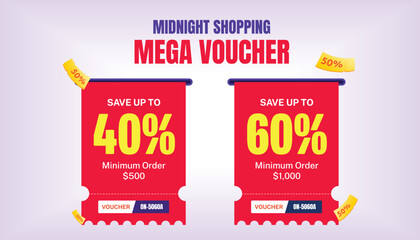 Obraz premium 2 stacks of coupons are being printed from a slot, isolated on a dark background with a firework effect. Printing gift voucher banner template with multicolor background.