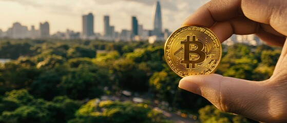 Person Holding Gold Coin Urban Environment Close-up Financial Theme Hand Perspective Wealth Symbol