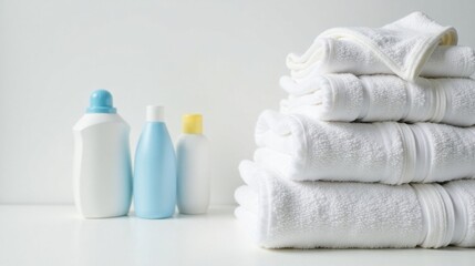 Soft, fluffy bath towels neatly stacked beside bath bottles