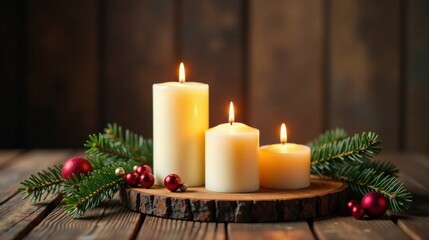 Illuminated Holiday Season Three Candles Glowing Amidst Festive Evergreens and Ornaments on Rustic Wood