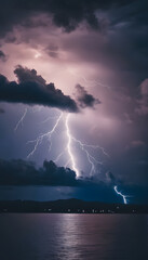 Dramatic landscape with dark storm clouds and multiple lightning strikes over a distant horizon.