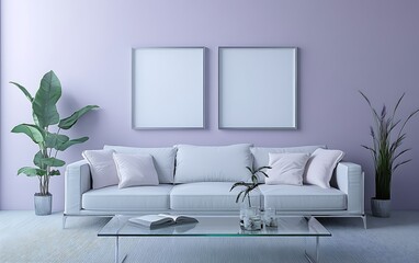 Fototapeta premium Pastel living room interior design; sofa, plants, frames; calm background; home decor.