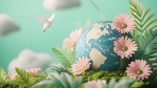 Whimsical Earth globe diorama features pink daisies, tropical plants, cotton clouds, and tiny birds, creating dreamy environmental scene with moss ground and delicate paper flower elements.