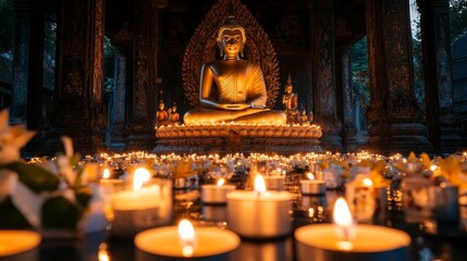 Fototapeta premium Tranquil Buddha Statue Surrounded by Flickering Candlelight Glow