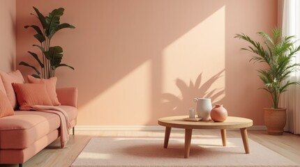 A close-up shot of a trendy, peach-colored interior featuring a minimal living room with a wooden coffee table positioned near a sofa