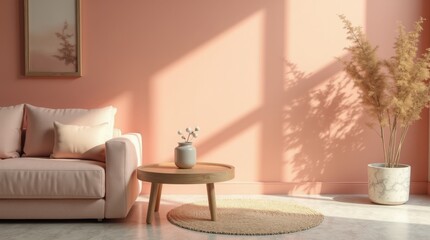 A close-up shot of a trendy, peach-colored interior featuring a minimal living room with a wooden coffee table positioned near a sofa