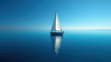 Obraz premium Solitary sailboat on calm ocean, clear sky background. Ideal for travel, serenity themes.