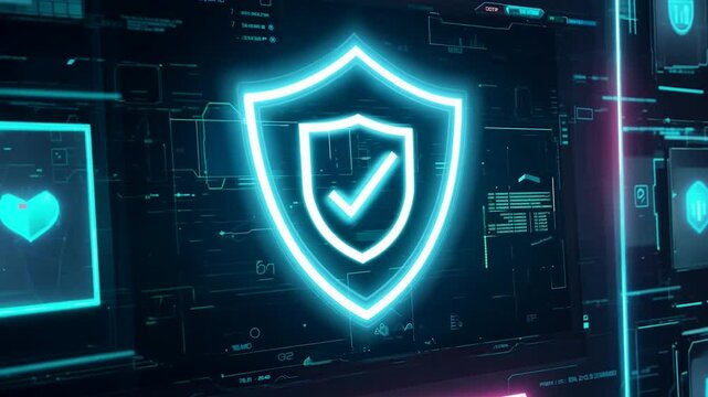 A glowing shield icon with a checkmark symbolizing cybersecurity and data protection, displayed on a futuristic digital interface with technical elements.