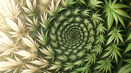 Bright cannabis leaves forming an elegant spiral on a creamy off-white background