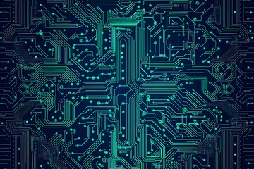 Abstract close-up of a glowing blue digital circuit board, showcasing intricate connections and technological design on a black background.
