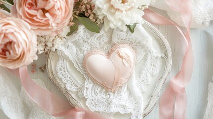 Fototapeta premium A delicate heart-shaped decoration surrounded by flowers and lace, evoking romance and elegance.