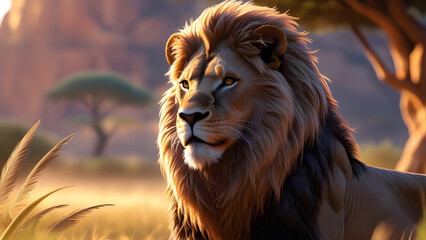 Naklejka premium Majestic Lion in the Golden Afternoon A Hyper-Realistic Portrait