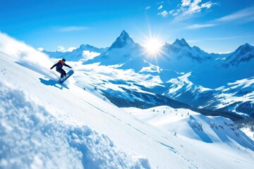 Top view of anonymous snowboarder descending on majestic snowcapped mountain slope against clear blue sky while enjoying winter vacation in Canada