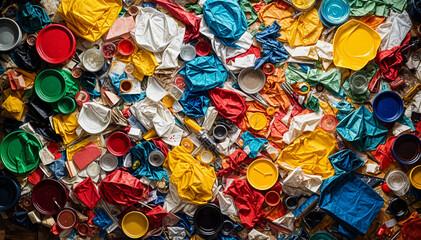 Obraz premium Plastic waste includes colorful caps and crumpled pieces.