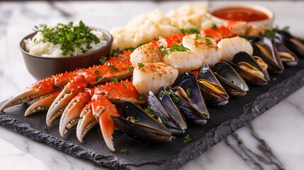 Fresh Seafood Platter with Crab, Scallops, Mussels, and Rice
