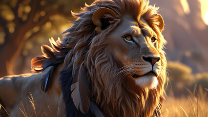 Fototapeta premium Majestic Lion in the Golden Afternoon A Hyper-Realistic Portrait