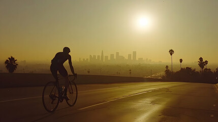 Silhouette of cyclist riding road bike on a highway overlooking Los Angeles skyline at sunset.
